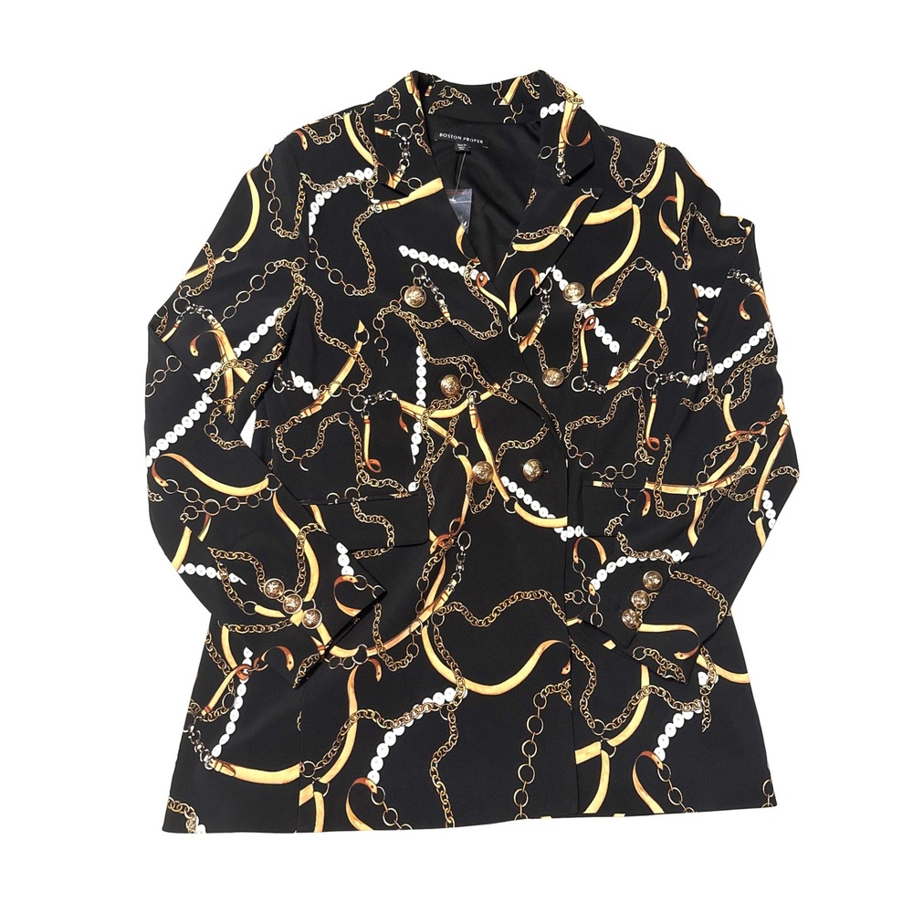 Boston Proper Womens Size 14 Black Chain Pearl Print Double Breasted Blazer Gold